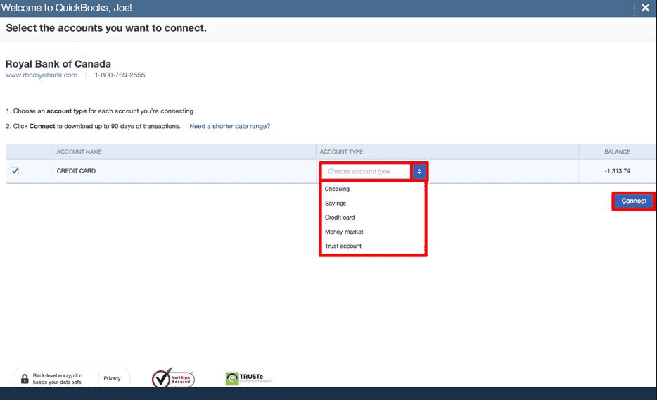 Connect bank account to QuickBooks