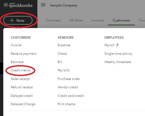 Select credit memo in quickbooks online