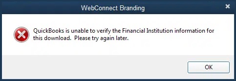 Image of quickbooks unable to verify financial institution