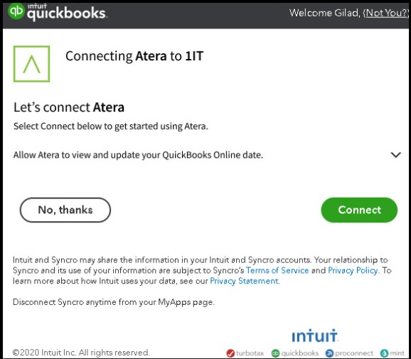 Atera Integrate with Quickbooks - Connecting to Atera page