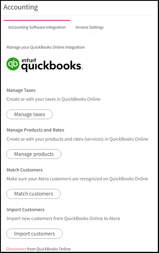 Disconnect Atera QuickBooks Integration