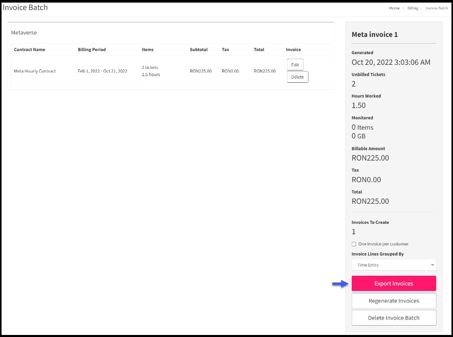 Invoice Batch to export - Atera 