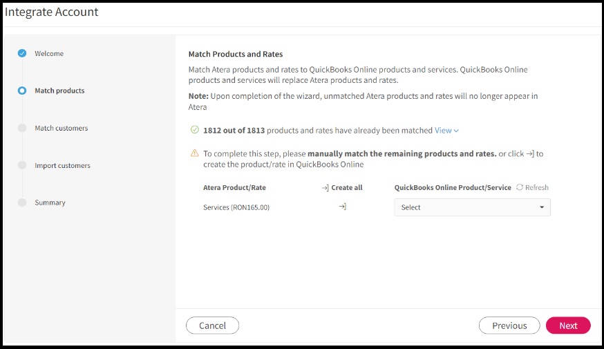 matches between Atera and QuickBooks Online